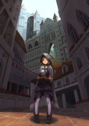 Rule 34 | 1girl, angel wings, architecture, brown hair, cape, child, city, dress, esukee, flower, gloves, highres, hood, medieval, original, outdoors, pantyhose, pavement, pigeon-toed, plant, potted plant, scenery, short hair, solo, statue, white pantyhose, wings