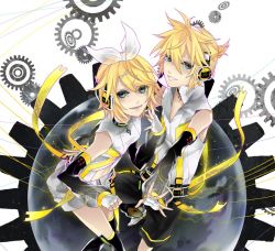 Rule 34 | 1boy, 1girl, aqua eyes, arm warmers, bad id, bad pixiv id, blonde hair, brother and sister, detached sleeves, gears, hair ornament, hair ribbon, hairclip, headphones, kagamine len, kagamine len (append), kagamine rin, kagamine rin (append), kyo zip, navel, ribbon, short hair, shorts, siblings, smile, twins, vocaloid, vocaloid append
