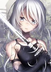 Rule 34 | 1girl, absurdres, bad id, bad pixiv id, bare shoulders, black dress, black gloves, blue eyes, blurry, blurry background, blush, breasts, closed mouth, clothing cutout, collarbone, commentary request, depth of field, dress, elbow gloves, eyebrows hidden by hair, gloves, hair between eyes, head tilt, highres, holding, holding sword, holding weapon, ichiren namiro, long hair, mole, mole under mouth, nier:automata, nier (series), shoulder cutout, silver hair, small breasts, solo, sword, upper body, weapon, a2 (nier:automata)