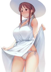 Rule 34 | 1girl, anti (0324), blush, breasts, brown eyes, brown hair, cameltoe, choker, cleavage, closed mouth, clothes lift, collared dress, commentary request, dress, dress lift, embarrassed, frilled panties, frills, gluteal fold, hair ribbon, hand on own chest, hat, idolmaster, idolmaster cinderella girls, large breasts, looking away, mifune miyu, panties, ponytail, ribbon, side-tie panties, sidelocks, simple background, sleeveless, sleeveless dress, solo, standing, sun hat, sundress, underwear, white background, white choker, white dress, white hat, white panties, white ribbon