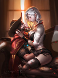 Rule 34 | 1boy, 1girl, ashe (overwatch), asymmetrical hair, beard, black bra, black gloves, black panties, black thighhighs, boots, bra, breasts, brown eyes, brown hair, cape, cassidy (overwatch), cleavage, closed eyes, cowboy hat, earrings, artistic error, facial hair, gloves, hand in panties, hat, highres, indoors, jewelry, large breasts, liang xing, lips, lipstick, looking at another, makeup, mouth hold, nail polish, necktie, necktie in mouth, no pants, open clothes, open shirt, overwatch, overwatch 1, panties, parted lips, patreon username, red neckwear, shirt, short hair, short sleeves, signature, sitting, sitting on lap, sitting on person, smile, straddling, stud earrings, tattoo, thigh boots, thighhighs, thighhighs under boots, torn clothes, torn legwear, underwear, watermark, web address, white hair, white shirt