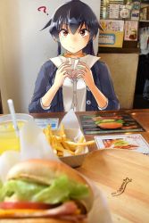 Rule 34 | ?, abo (hechouchou), absurdres, black hair, blue jacket, burger, food, food on face, french fries, highres, holding, holding food, indoors, jacket, kantai collection, looking at viewer, photo background, ponytail, shirt, solo, white shirt, yahagi (kancolle)