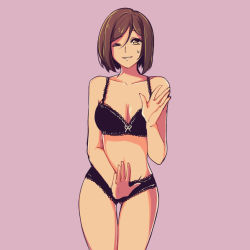 Rule 34 | 1girl, black bra, black panties, bob cut, bra, brown eyes, brown hair, colored skin, covering privates, covering crotch, cowboy shot, gluteal fold, lace, lace-trimmed bra, lace-trimmed panties, lace trim, meiko (vocaloid), one eye closed, orange skin, panties, pink background, short hair, simple background, smile, solo, sweat, thigh gap, underwear, underwear only, vocaloid, yen-mi