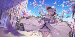 Rule 34 | 1girl, anchor symbol, azur lane, bird, blue eyes, blue sky, blush, breasts, building, cherry blossoms, choker, cleavage, cloud, dress, elbow gloves, feathers, floating hair, garter straps, gloves, hair ornament, hair ribbon, hand up, hat, highres, illustrious (azur lane), j junz, jewelry, lamppost, large breasts, long hair, looking at viewer, low twintails, md5 mismatch, mole, mole under eye, one eye closed, open mouth, outstretched arm, pantyhose, pendant, resolution mismatch, ribbon, road, sidelocks, sky, smile, solo, source larger, street, sun hat, thighhighs, tress ribbon, twintails, white dress, white gloves, white hair, white hat, white pantyhose, white thighhighs, wind, wind lift