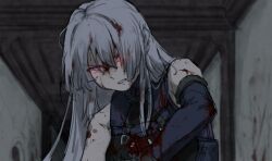 Rule 34 | 1girl, ak-15 (girls&#039; frontline), angry, arigatoner, bare shoulders, black gloves, bleeding, blood, blood on clothes, blood on face, clenched teeth, commentary, elbow gloves, girls&#039; frontline, gloves, glowing, glowing eyes, grey hair, hair over eyes, indoors, injury, long hair, looking at viewer, messy hair, purple eyes, solo, tactical clothes, teeth, upper body
