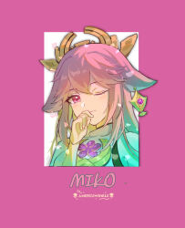 Rule 34 | 1girl, absurdres, animal ears, armor, closed mouth, covering own mouth, earrings, fox ears, genshin impact, hand over own mouth, highres, japanese clothes, jewelry, long hair, one eye closed, pink eyes, pink hair, smile, solo, suzushi, yae miko