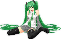 Rule 34 | 1girl, absurdly long hair, bare shoulders, black thighhighs, blush, blush stickers, boots, detached sleeves, eyelashes, full body, green eyes, green hair, h kasei, hatsune miku, long hair, matching hair/eyes, necktie, open mouth, pleated skirt, shirt, sidelocks, simple background, sitting, skirt, sleeveless, sleeveless shirt, smile, solo, thigh boots, thighhighs, twintails, very long hair, vocaloid, wariza, white background, zettai ryouiki
