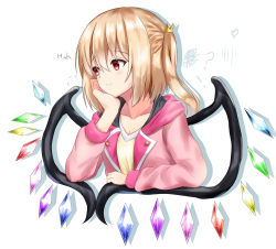 Rule 34 | !, 1girl, puff of air, ?, absurdres, alternate costume, arm rest, blonde hair, collarbone, commentary, crown hair ornament, drop shadow, elbow rest, expressionless, flandre scarlet, hair between eyes, head in hand, head rest, heart, heart wings, highres, jacket, kaeremu, long sleeves, looking to the side, no headwear, no headwear, one side up, open clothes, open jacket, pink jacket, red eyes, shirt, short hair, simple background, solo, squiggle, touhou, upper body, white background, wings, yellow shirt