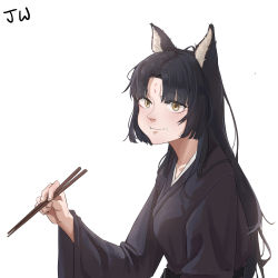 Rule 34 | 1girl, :t, absurdres, animal ears, arknights, black hair, black kimono, chopsticks, commentary request, dog ears, facial mark, forehead mark, highres, holding, holding chopsticks, japanese clothes, jw (wrdawrda), kimono, long hair, long sleeves, looking at viewer, saga (arknights), simple background, smile, solo, upper body, white background, wide sleeves, yellow eyes