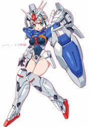 Rule 34 | 1girl, armor, breasts, commentary request, covered navel, covered erect nipples, full body, green eyes, green hair, gundam, gundam 0083, gundam gp-01 full vernian zephyranthes, highres, large breasts, leotard, looking at viewer, mecha musume, michi kuso, open mouth, shield, short hair, simple background, skindentation, solo, thrusters, white background