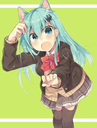 Rule 34 | 1girl, :o, absurdres, animal ears, aqua eyes, aqua hair, ascot, blush, brown jacket, brown skirt, brown thighhighs, cardigan, cat ears, commentary request, cowboy shot, green background, hair between eyes, hair ornament, hairclip, highres, jacket, kantai collection, kurasaki cosmos, long hair, looking at viewer, open cardigan, open clothes, pleated skirt, school uniform, simple background, skirt, solo, suzuya (kancolle), sweatdrop, thighhighs
