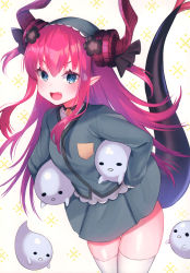 Rule 34 | 1girl, absurdres, alternate costume, blue eyes, blush, breasts, curled horns, detached sleeves, dragon horns, elizabeth bathory (fate), elizabeth bathory (fate/extra ccc), fang, fate/extra, fate/extra ccc, fate/grand order, fate (series), hair between eyes, hair ribbon, happy, highres, horns, long hair, long sleeves, looking at viewer, pink hair, pleated skirt, pointy ears, purple ribbon, ribbon, scan, school uniform, skindentation, skirt, small breasts, smile, solo, suzuho hotaru, thighhighs, two side up, white sleeves, white thighhighs