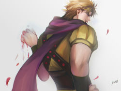 Rule 34 | 1boy, bad id, bad pixiv id, blonde hair, blood on hands, bloody hand, dio brando, from behind, highres, jojo no kimyou na bouken, male focus, oppi (ksop28), petals, scarf, solo