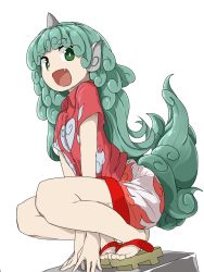 Rule 34 | 1girl, :d, animal ears, between legs, buttons, collared shirt, fang, full body, geta, green eyes, green hair, hand between legs, highres, horns, komano aunn, long hair, looking at viewer, open mouth, shirt, short sleeves, shorts, simple background, single horn, smile, solo, squatting, tail, touhou, tyouseki, white background