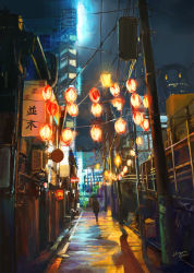 Rule 34 | alley, androgynous, artist name, billboard, building, city, city lights, cityscape, coat, conductor, from behind, gender request, highres, holding, holding umbrella, lampion, lamppost, lantern, night, night sky, original, outdoors, paper lantern, pavement, power lines, road, scenery, shadow, shitub52, sign, signature, silhouette, sky, skyscraper, solo, standing, tower, transformer, umbrella, utility pole, vanishing point, walking, wayne chan