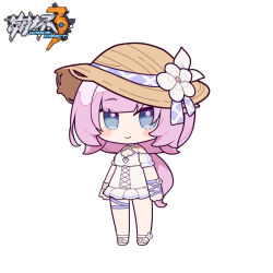 Rule 34 | 1girl, bare shoulders, blush stickers, breasts, brown hat, chibi, cleavage, closed mouth, copyright name, criss-cross halter, dress, elysia (honkai impact), eta, flower, full body, halterneck, hat, hat flower, honkai (series), honkai impact 3rd, looking at viewer, low ponytail, pink hair, ponytail, puffy short sleeves, puffy sleeves, sandals, short sleeves, simple background, small breasts, smile, solo, standing, white background, white dress, white flower, white footwear