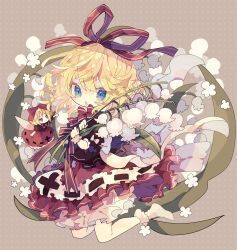 Rule 34 | 1girl, :o, blonde hair, bloomers, blue eyes, bow, bowtie, doll, dress, flower, frills, hair between eyes, hair ribbon, highres, holding, holding plant, lily of the valley, looking at viewer, medicine melancholy, medium hair, nikorashi-ka, no shoes, one-hour drawing challenge, open mouth, plant, red bow, red bowtie, red dress, red ribbon, ribbon, socks, solo, su-san, teeth, touhou, underwear, upper teeth only, white bloomers, white flower, white socks, wrist cuffs