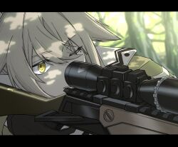 Rule 34 | 1girl, arknights, black gloves, blurry, blurry background, commentary request, day, depth of field, finger on trigger, firewatch (arknights), gloves, green jacket, grey hair, gun, hair between eyes, highres, holding, holding gun, holding weapon, jacket, kyoro (kyoroillust), letterboxed, mole, mole under eye, one eye closed, outdoors, parted lips, rifle, scope, sniper rifle, solo, tree, weapon, yellow eyes