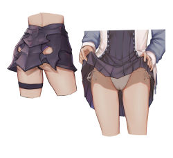 Rule 34 | 1girl, armor, ass, black dress, cameltoe, close-up, clothes lift, cropped legs, dress, dress lift, fate/grand order, fate (series), groin, highres, jacket, long sleeves, mash kyrielight, multiple views, open clothes, open jacket, panties, side-tie panties, simple background, thigh strap, underwear, white background, white panties, yashi kano ko