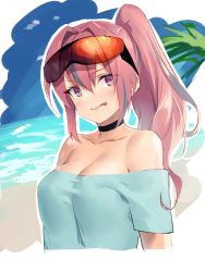 Rule 34 | 1girl, alternate costume, azur lane, beach, black choker, blue shirt, blue sky, breasts, bremerton (azur lane), choker, cleavage, commentary request, day, eyewear on head, fern, hair between eyes, high ponytail, highres, large breasts, licking lips, long hair, looking to the side, multicolored hair, ocean, off-shoulder shirt, off shoulder, pink eyes, pink hair, ponytail, red-tinted eyewear, sand, shimotsuki shio, shirt, shore, short sleeves, sidelocks, sky, streaked hair, t-shirt, tinted eyewear, tongue, tongue out, water