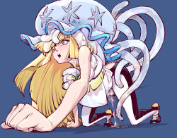 Rule 34 | 1girl, all fours, bad id, bad pixiv id, bdsm, black pantyhose, blonde hair, bondage, bound, breakrabbit, breasts, breasts squeezed together, constricted pupils, creatures (company), dress, female focus, game freak, gen 7 pokemon, green eyes, high heels, interspecies, jellyfish, large breasts, leggings, long hair, lusamine (pokemon), mind control, nihilego, nintendo, open mouth, pantyhose, pet play, pokemon, pokemon (creature), pokemon sm, pokephilia, pussy juice, saliva, short dress, sweat, tears, tentacle sex, tentacles, torn clothes, torn legwear, ultra beast, vaginal, very long hair, white dress, white pantyhose