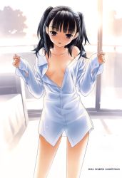 Rule 34 | 1girl, :p, absurdres, black eyes, black hair, blunt bangs, blush, bottomless, breasts, dress shirt, hashimoto takashi, highres, naked shirt, off shoulder, open clothes, open shirt, see-through, shirt, short hair, small breasts, solo, tongue, tongue out, two side up, unbuttoned, white shirt