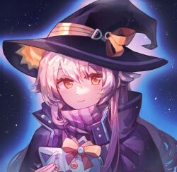 1girl baijie_lucerole charlotta_skopovskaya grey_hair halloween hat heaven_burns_red highres long_hair solo stuffed_animal stuffed_cat stuffed_toy sweater witch_hat yellow_eyes