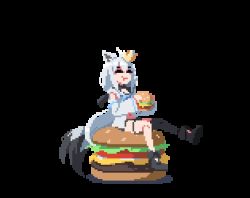 Rule 34 | 1girl, ahoge, animal ears, animated, animated gif, black footwear, blue eyes, boots, burger, crown, detached sleeves, eating, fold-over boots, food, fox ears, fox girl, fox tail, full body, hair between eyes, holding, holding food, hololive, kay yu, long hair, lowres, pixel art, ponytail, shirakami fubuki, shirakami fubuki (1st costume), shirt, single thighhigh, sitting, sitting on food, solo, swinging legs, tail, tail wagging, thighhighs, transparent background, very long hair, virtual youtuber, white hair, white shirt, wide sleeves