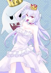 Rule 34 | 1girl, armpits, bare shoulders, black eyes, blue background, blush, breasts, brooch, choker, cleavage, cowboy shot, crown, dress, elbow gloves, fangs, ghost, gloves, hair between eyes, highres, jewelry, king boo, large breasts, long hair, looking at viewer, luigi&#039;s mansion, mario (series), new super mario bros. u deluxe, nintendo, open mouth, pink eyes, princess king boo, red choker, sharp teeth, sleeveless, sleeveless dress, super crown, teeth, tongue, tongue out, user pagz2757, white dress, white gloves, white hair, white theme