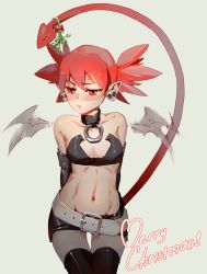 Rule 34 | 1girl, 3four, bandeau, bat wings, blush, choker, closed mouth, commentary, demon girl, demon tail, demon wings, disgaea, earrings, elbow gloves, etna (disgaea), flat chest, gloves, jewelry, looking at viewer, makai senki disgaea, microskirt, mini wings, miniskirt, mistletoe, navel, pointy ears, red eyes, red hair, short hair, simple background, skirt, skull, skull earrings, solo, stomach, tail, thighhighs, twintails, wings