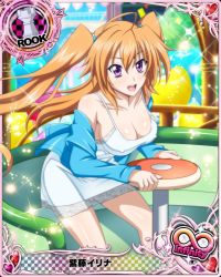 Rule 34 | 1girl, bare shoulders, blush, breast hold, breasts, card (medium), character name, chess piece, cleavage, dress, high school dxd, large breasts, long hair, looking at viewer, official art, orange hair, purple eyes, rook (chess), shidou irina, solo, trading card, twintails, very long hair