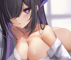 Rule 34 | 1girl, bare shoulders, black hair, bottomless, breasts, choker, collarbone, colored inner hair, demon horns, dress shirt, hair over one eye, heart, heart-shaped pupils, highres, horns, indie virtual youtuber, large breasts, long hair, looking at viewer, lying, multicolored hair, naked shirt, no bra, official alternate costume, on stomach, open clothes, open shirt, parted lips, prism project, purple eyes, purple hair, rifufu, rikudou yura, shirt, solo, streaked hair, symbol-shaped pupils, very long hair, virtual youtuber, white choker, white shirt, window