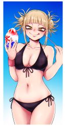 Rule 34 | 1girl, :9, bikini, black bikini, blunt bangs, boku no hero academia, breasts, cleavage, cowboy shot, cup, double bun, food, front-tie bikini top, front-tie top, gradient background, hair bun, highres, holding, holding cup, holding spoon, licking lips, medium breasts, messy hair, nashimo (drz n), navel, shaved ice, side-tie bikini bottom, skindentation, slit pupils, smile, solo, spoon, standing, swimsuit, tagme, toga himiko, tongue, tongue out, yellow eyes