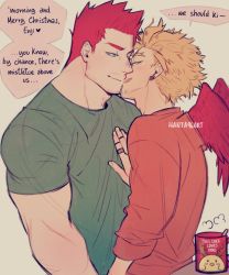 Rule 34 | 2boys, alternate costume, blonde hair, blue eyes, boku no hero academia, couple, endeavor (boku no hero academia), english text, facial hair, feathered wings, green shirt, hanta96, hawks (boku no hero academia), imminent kiss, male focus, mature male, multiple boys, muscular, muscular male, orange shirt, pectorals, red hair, red wings, scar, scar across eye, scar on face, shirt, short hair, sideburns, smile, spiked hair, stubble, upper body, wings, yaoi
