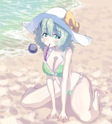 Rule 34 | 1girl, barefoot, beach, bikini, bow, breasts, bright pupils, cleavage, full body, green bikini, green eyes, green hair, hat, hat bow, highres, in mouth, komeiji koishi, large breasts, looking at viewer, ocean, outdoors, short hair, sitting, solo, sunnysideup, swimsuit, third eye, touhou, wariza, white hat, white pupils, yellow bow