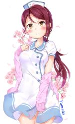Rule 34 | 1girl, absurdres, artist name, blush, cardigan, cherry blossoms, flower, hat, highres, long hair, long sleeves, looking at viewer, love live!, love live! school idol festival, love live! sunshine!!, low ponytail, nurse, nurse cap, open cardigan, open clothes, pink cardigan, red hair, sakurauchi riko, short sleeves, solo, wind, yamada 328, yellow eyes