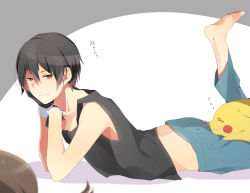 Rule 34 | 1boy, bare arms, barefoot, black hair, black tank top, closed mouth, collarbone, commentary request, creatures (company), fingerless gloves, game freak, gen 1 pokemon, gloves, hair between eyes, light smile, lying, male focus, mikko (mim mikko), nintendo, on stomach, pants, pikachu, pixiv red, pokemon, pokemon (creature), red (pokemon), red eyes, short hair, sleeping, soles, tank top, toes, translation request, zzz