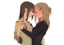 Rule 34 | 2girls, blush, brown hair, commentary request, closed eyes, hair ornament, hairclip, hand on another&#039;s shoulder, highres, holding hands, interlocked fingers, light brown hair, long hair, medium hair, multiple girls, natsuyiro x, original, parted lips, simple background, white background, yuri