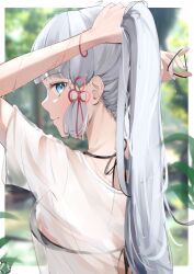Rule 34 | 1girl, absurdres, ayaka (genshin impact), bikini, bikini top only, bikini under clothes, black bikini, blue eyes, blue nails, blunt bangs, blurry, blurry background, bracelet, closed mouth, commentary request, from behind, genshin impact, grey hair, hair ribbon, highres, jewelry, kirishe1101, long hair, looking at viewer, looking back, outdoors, ribbon, see-through, shirt, smile, solo, swimsuit, tress ribbon, tying hair, upper body, wet, wet clothes, wet hair, wet shirt, white shirt