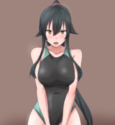 Rule 34 | 1girl, absurdres, black hair, black one-piece swimsuit, blush, breasts, brown background, competition swimsuit, embarrassed, highres, kamaboko senshi, kantai collection, large breasts, long hair, looking at viewer, one-piece swimsuit, open mouth, ponytail, red eyes, solo, swimsuit, very long hair, yahagi (kancolle)