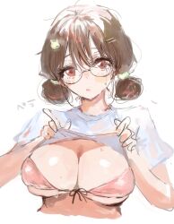 Rule 34 | 1girl, alternate costume, bikini, bikini top only, blue archive, breasts, glasses, highres, inusaka, large breasts, looking at viewer, moe (blue archive), shirt, solo, sweat, swimsuit, twitter, underwear, white background, white shirt