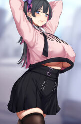 Rule 34 | 1girl, arms behind head, arms up, black hair, black shirt, black thighhighs, blurry, blurry background, blush, breasts, breasts apart, closed mouth, colored inner hair, commentary request, covered erect nipples, depth of field, earrings, gigantic breasts, high-waist skirt, highres, jewelry, jirai kei, kusahagane, long hair, looking at viewer, miniskirt, mole, mole under mouth, multicolored hair, no bra, original, pink hair, pink sweater, pleated skirt, shirt, shirt overhang, skindentation, skirt, solo, stud earrings, sweater, thighhighs, underboob, zettai ryouiki