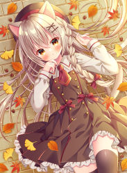 Rule 34 | 1girl, :o, acorn, animal ears, autumn leaves, beret, black dress, black hat, black thighhighs, blush, bow, braid, brown eyes, brown hair, cat ears, cat girl, cat tail, collared shirt, commentary, dress, frilled dress, frills, ginkgo leaf, hair between eyes, hair bow, hair ornament, hairclip, hands up, hat, highres, leaf, long hair, long sleeves, lying, maple leaf, on back, on ground, original, parted lips, puu (kari---ume), red bow, red neckwear, shirt, single braid, sleeveless, sleeveless dress, sleeves past wrists, solo, symbol-only commentary, tail, thighhighs, very long hair, white shirt, x hair ornament