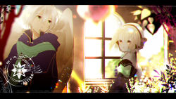 Rule 34 | 1boy, 1girl, backlighting, bare shoulders, black hairband, black jacket, brown eyes, capelet, commentary request, copyright name, day, feathered wings, green eyes, green scarf, hair between eyes, hairband, indoors, jacket, letterboxed, long hair, parted lips, pixiv fantasia, pixiv fantasia age of starlight, purple capelet, scarf, sunlight, white hair, white wings, window, wings, yuzuyomogi