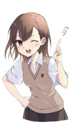 Rule 34 | 1girl, :d, ameno s3, black skirt, blush, bob cut, breasts, brown eyes, brown hair, brown sweater vest, commentary, cropped legs, dress shirt, hair between eyes, hand on own hip, highres, index finger raised, leaning forward, lightning bolt symbol, looking at viewer, misaka mikoto, one eye closed, open mouth, school uniform, shirt, short hair, short sleeves, simple background, skirt, small breasts, smile, solo, sweater vest, teeth, toaru kagaku no railgun, toaru majutsu no index, tokiwadai school uniform, upper teeth only, white background, white shirt