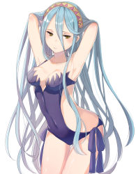 Rule 34 | 1girl, armpits, arms up, azura (fire emblem), blue hair, blue one-piece swimsuit, breasts, closed mouth, fire emblem, fire emblem fates, hair between eyes, haru (nakajou-28), highres, long hair, medium breasts, nintendo, one-piece swimsuit, simple background, solo, swimsuit, white background, yellow eyes