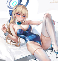 Rule 34 | 1girl, animal ears, bare arms, bare shoulders, blonde hair, blue archive, blue bow, blue bowtie, blue footwear, blue hairband, blue leotard, blush, bow, bowtie, breasts, cleavage, closed mouth, coin, collarbone, commentary, covered navel, detached collar, english commentary, fake animal ears, hair ornament, hairband, halo, high heels, holding, holding coin, large breasts, leotard, long hair, looking at viewer, lying, misaka 12003-gou, on back, rabbit ears, skindentation, solo focus, thighhighs, thighs, toki (blue archive), toki (bunny) (blue archive), twitter username, white thighhighs, wrist cuffs