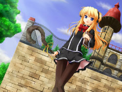Rule 34 | 1girl, akashio (loli ace), black pantyhose, black skirt, blonde hair, blue sky, book, bow, bowtie, building, chain-link fence, day, dutch angle, fence, long hair, long sleeves, looking at viewer, miniskirt, outdoors, outstretched arms, pantyhose, petite, plant, quiz magic academy, red bow, red bowtie, school uniform, serafuku, shalon, skirt, sky, solo, standing, tree