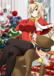 Rule 34 | 10s, 1boy, 1girl, :d, admiral (kancolle), all fours, alternate costume, animal costume, antlers, bell, black pantyhose, blonde hair, bodysuit, braid, breasts, capelet, christmas tree, commentary request, crossed legs, crown, dress, elbow gloves, femdom, french braid, fuuma nagi, gloves, green eyes, hairband, hand on own chest, hat, horns, human chair, human furniture, kantai collection, large breasts, legs, long hair, looking at viewer, mini crown, open mouth, pantyhose, red dress, red gloves, reindeer costume, revision, santa costume, sitting, sitting on person, smile, thighband pantyhose, thighs, warspite (kancolle)