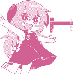 Rule 34 | 1girl, :3, armpits, bow, chibi, commentary request, dress, hair between eyes, halftone, hanyuu, highres, higurashi no naku koro ni, horns, long hair, momotarekawa, monochrome, open mouth, outstretched arms, pink theme, shoes, signature, simple background, smile, solo, spread arms, standing, standing on one leg, sundress, very long hair